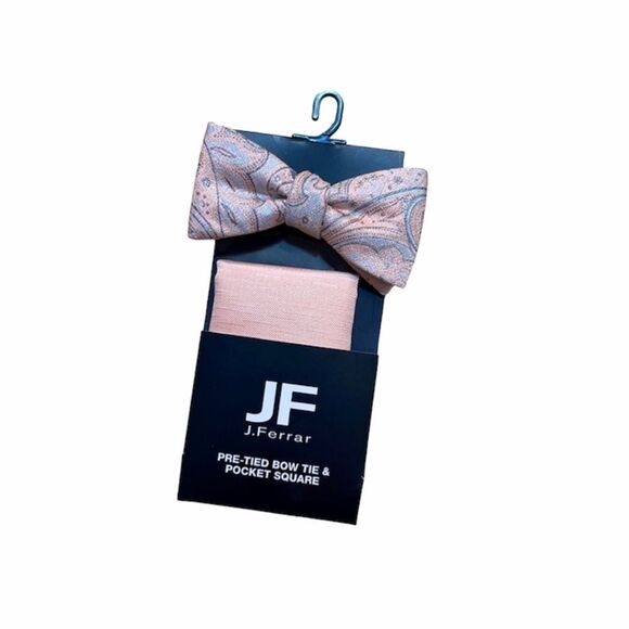 JF J.FERRAR PRE-tied bow tie & pocket square peach - Picture 1 of 8